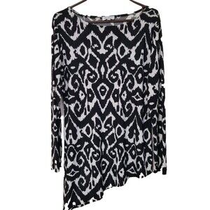 Cover Charge Womens Blouse Large Black White Long Sleeve Asymetrical Hem